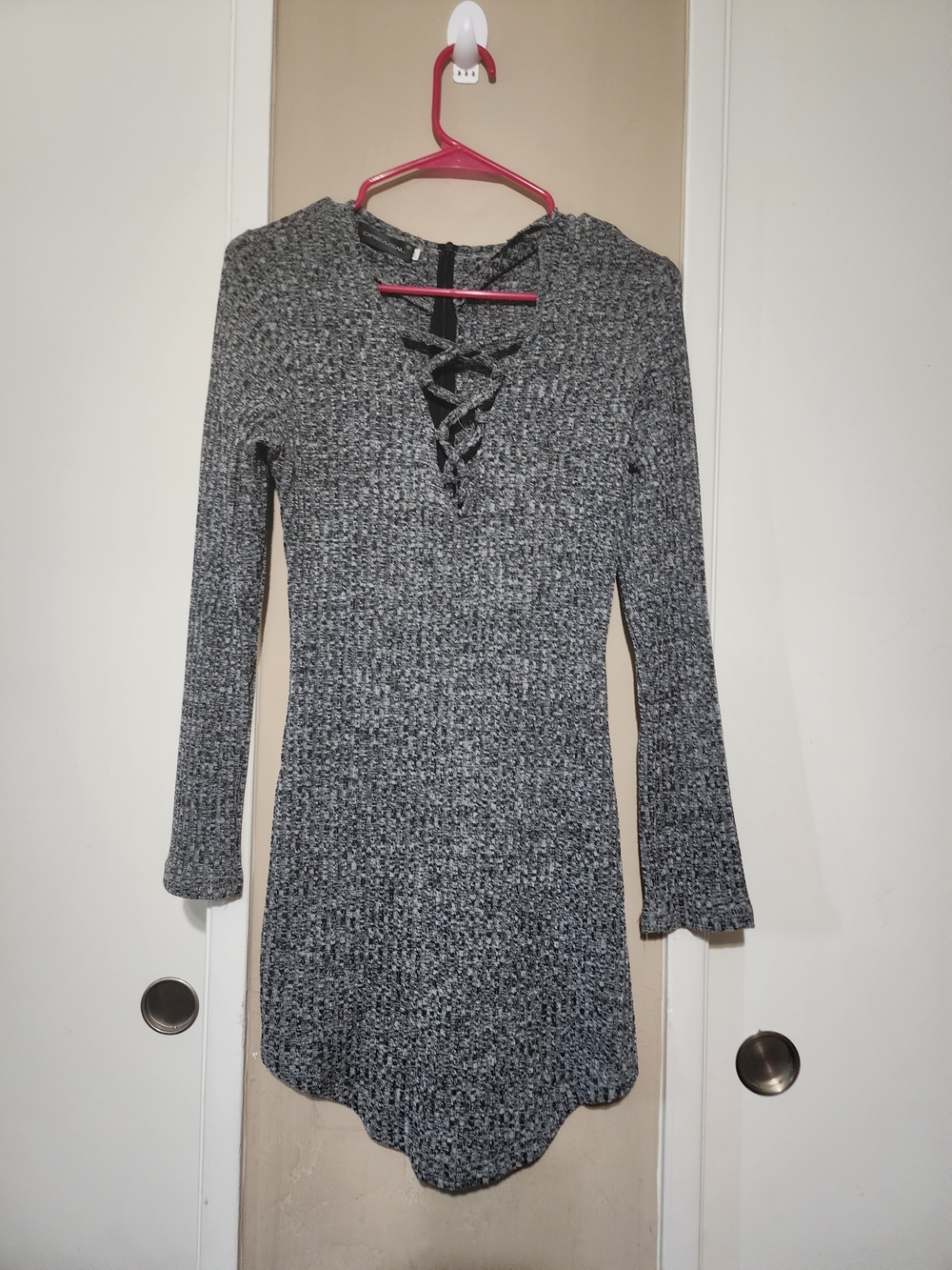 Others Follow Gray Lace-Up Ribbed Long-Sleeve Dress